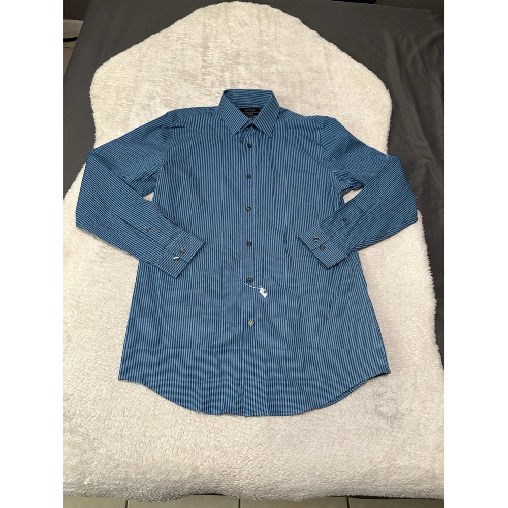 New Apt 9 Men's Button Down Dress Blue Check Shirt Size 15.5 32/33‎ Slim Stretch